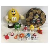 Vintage M&M lot of yellow dispenser, tin & toys