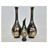 Set of three metal Japanese etched bud vases