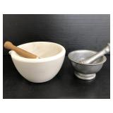 One Ceramic and one pewter mortar & pestle