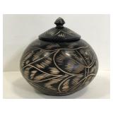 Black engraved wood decorative bowl w/ lid