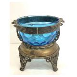 Antique silver base blue glass bowl ashtray