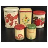 Three vintage tin canisters & salt & pepper set