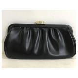 Black leather clutch purse w/ gold chain strap