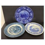 Trio of blue pattern china plates