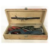 Wooden chest of assorted goodies