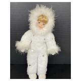 Snow angel plush porcelain doll on stand