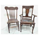 Two late 1800s red oak pressed back chairs