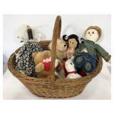 Wicker basket of assorted stuffed animals