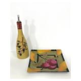 Signed art glass plate & ceramic olive oil bottle