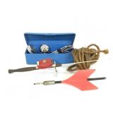 Vintage tool box w/ wrenches, gauges, rod & rope