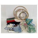 Lot of vintage embroidery hoops & linens
