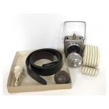 Vintage belts, camera, metal ball, & animal skull