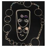 Collection of vintage silver tone jewelry & belt