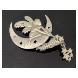 Vintage JJ signed moon fairy brooch