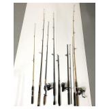 Lot of eight assorted fishing poles- 3 have reels
