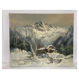Snowy mountain cabin original oil painting