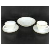 Two Fire King cups & saucers w/ extra dish