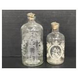 Two antique etched glass corked bottles