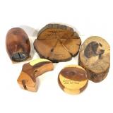 Five wooden souvenir boxes and plaques
