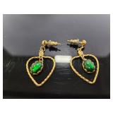 Gold toned Heart dangle earrings w/ green stone