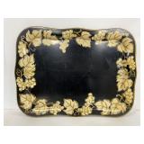 Large vintage heavy metal tray w/ painted leaves