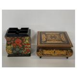 Vintage wood inlay box & painted wood caddy