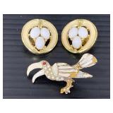 Vintage enameled bird brooch & egg nest earrings