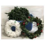 Tote of assorted Christmas wreaths & prelit tree