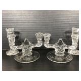Two pairs of etched, cut glass candle stick holdes
