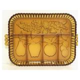 Fruit design pressed amber glass divided tray
