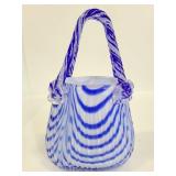 Blue and white striped art glass basket