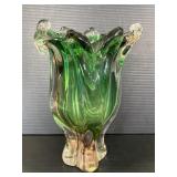 Heavy Art Deco green and pink splash vase