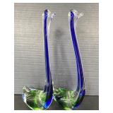 Pair of Art Deco blue and green glass swans