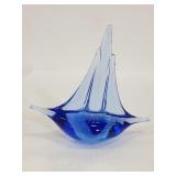 Blue glass ship paperweight