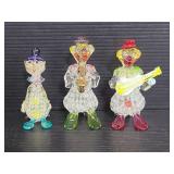 Trio of petite webbed art glass clowns