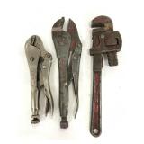 Two pairs of channel locks and pipe wrench combo