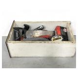 Wooden drawer of assorted work tools