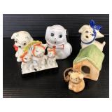 Five ceramic doggie shakers and figurines