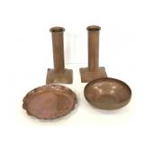 Two copper candlestick holders & 2 trinket dishes