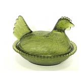 Vintage green glass rooster dish