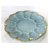 Blue milk glass gold trimmed deviled egg dish