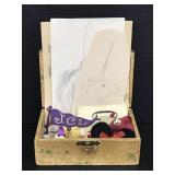 Small box of assorted drawings & desk drawer items