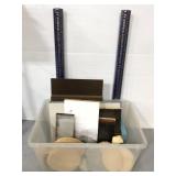 Tote of assorted craft wood and other supplies