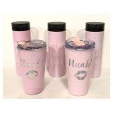 Five new light pink travel mugs
