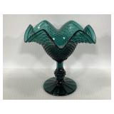 Vintage teal glass ruffle edge compote