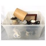Tote of assorted glassware and picture frames plus