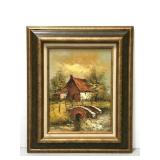 Vintage original barn scene oil painting - signed