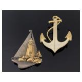 Sailboat & anchor jewelry brooch pair