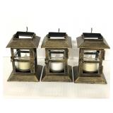 Three petite bronzed tea light hanging lanterns