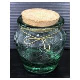 Green glass grapevine raised canister